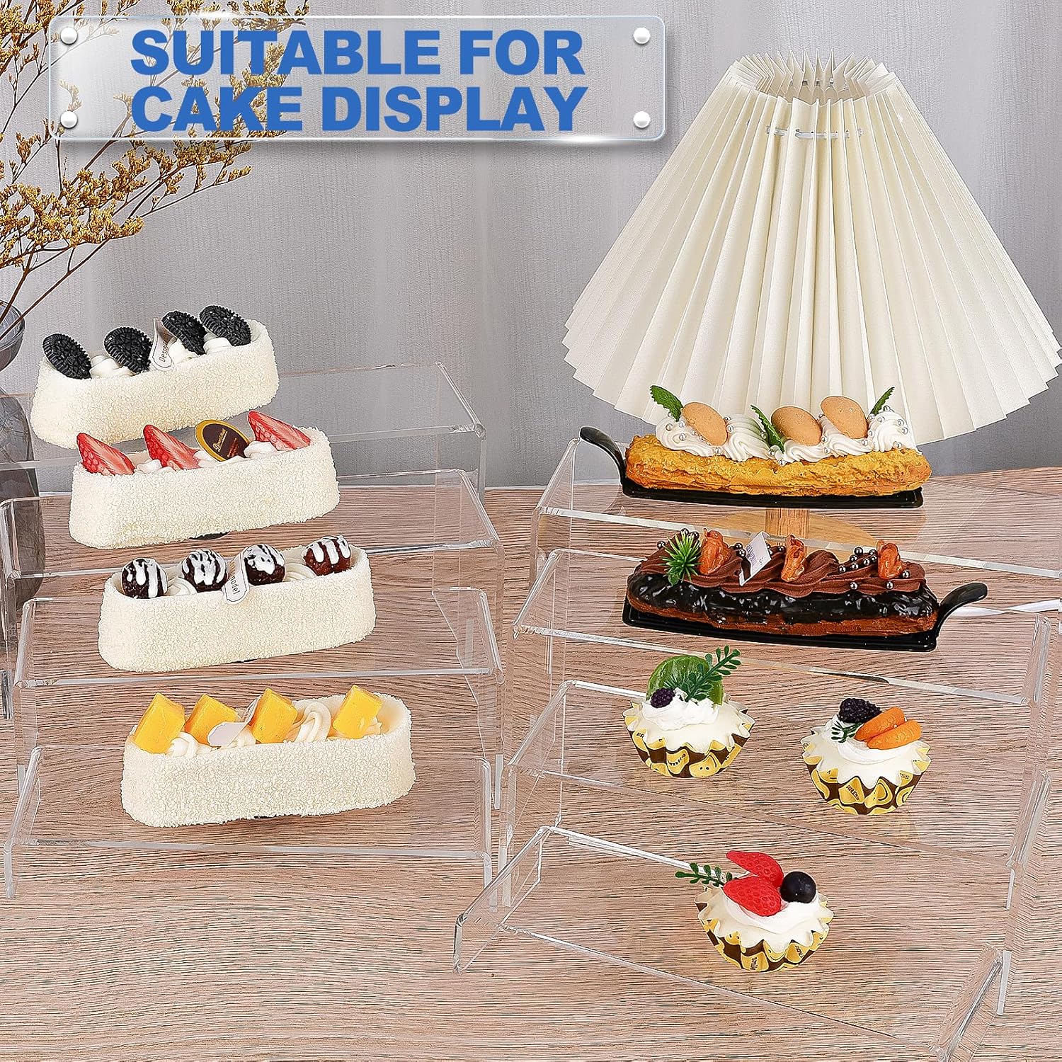 Private Label Aheroi Large Acrylic Risers, 8 Pcs 2 Set(7”L~8”L~9”L) Acrylic Display Set Rectangular Stands Shelf Clear Display Risers for Decor, Cake Shelves Retail Shoe Showcase OEM Wholesale Manufacturer