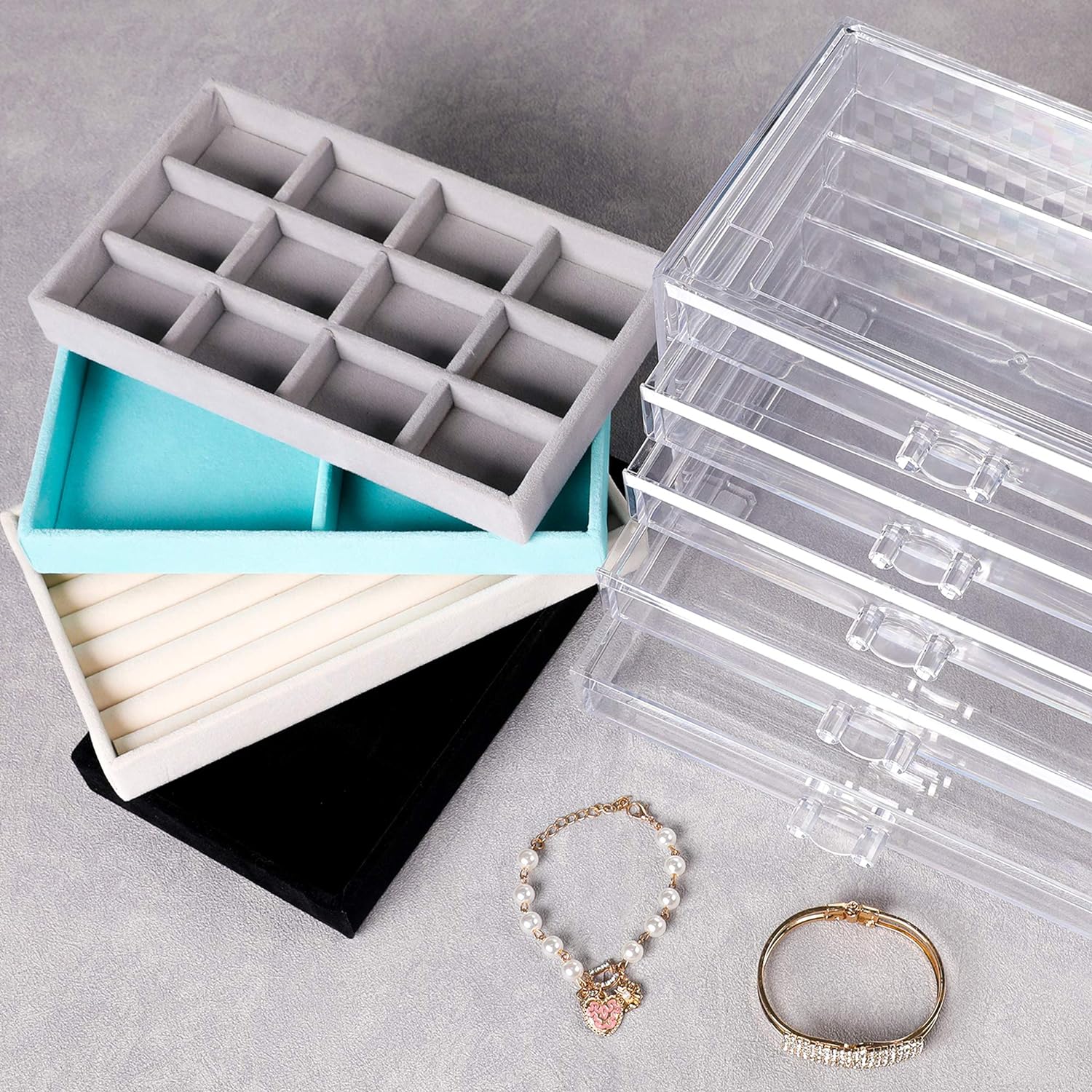 Direct Manufacturer Frebeauty Extra Large Acrylic Jewelry Box for Women Girls 5 Layers Clear Velvet Earring Organizer with 5 Drawers Rings Display Case Necklaces Holder Tray (Beige) Low MOQ