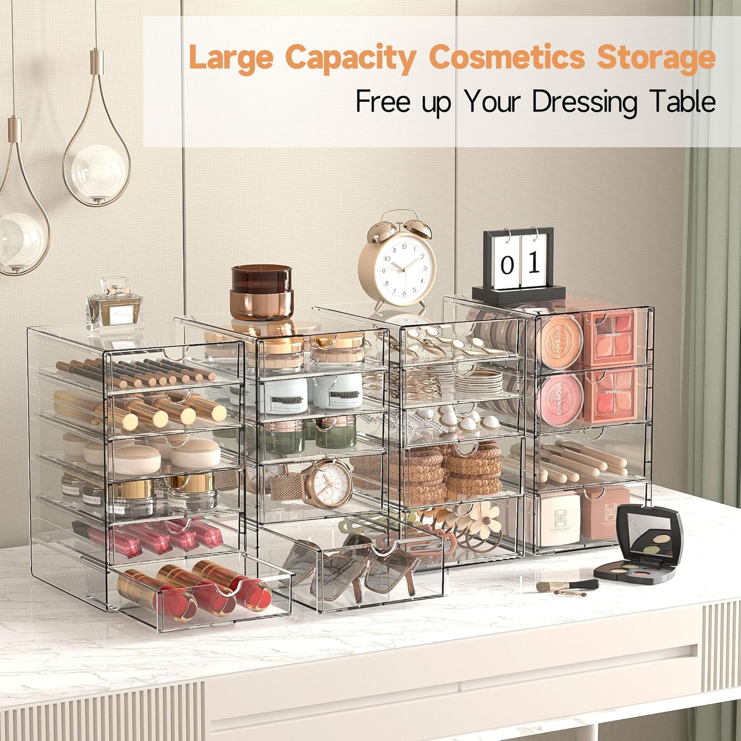 Private Label Makeup Drawer Storage Organizer with 20 Drawers, 4 Set Acrylic Office Desk Organization and Storage, Dustproof Drawer Organizer for Makeup, Office, Countertop, Jewelry, Pen, Desktop, Bathroom, Bedroom Factory Direct Price