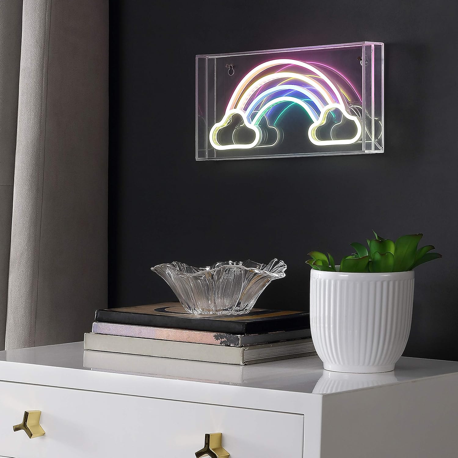 Private Label JONATHAN Y NEN1004A Rainbow 11.75" Contemporary Glam Acrylic Box USB Operated LED Neon Light, Multi-Colored Plug in Wall Light for Bedroom Wall Décor, Kids Bedroom, Party Supplier Ecommerce Ready Product