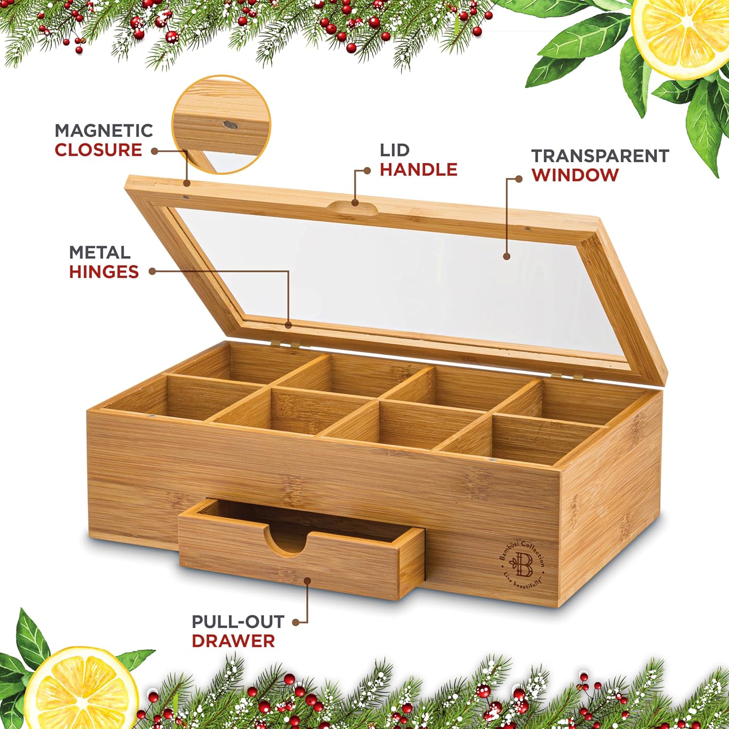 ODM Bamboo Tea Bag Organizer Storage Box with Drawer & Acrylic Window - Magnetic Lid Keeps Contents Fresh - Ideal Mothers Day Gifts for Mom - Gift Caddy (Tea Not Included) Custom Mold Development
