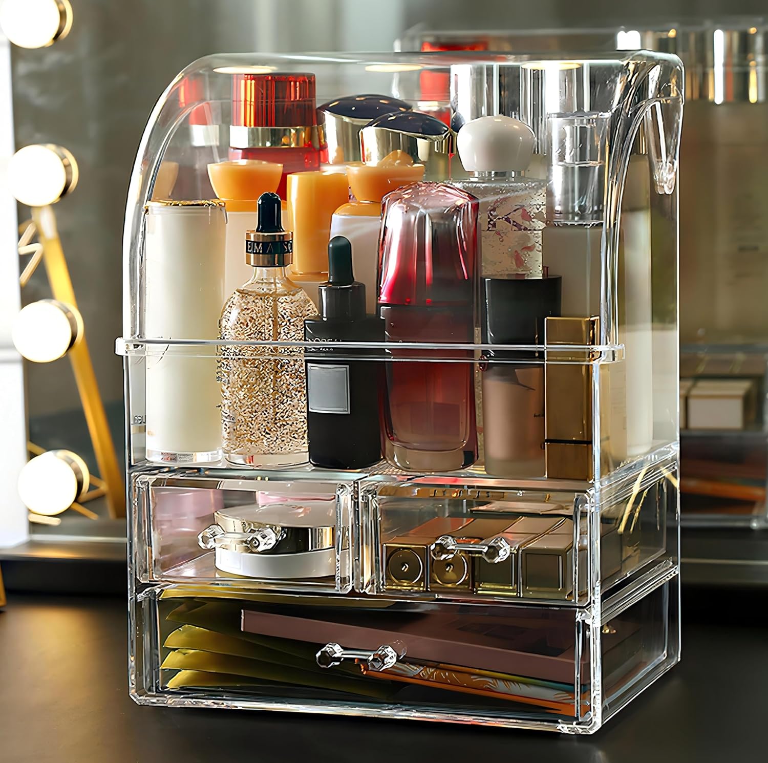 Private Label Large Acrylic Makeup Organizer With Lid Portable Dustproof And Waterproof Cosmetic Storage Drawers Box For Women (Clear, 12.5in x 9.5in x 6.3in) Custom Logo Service