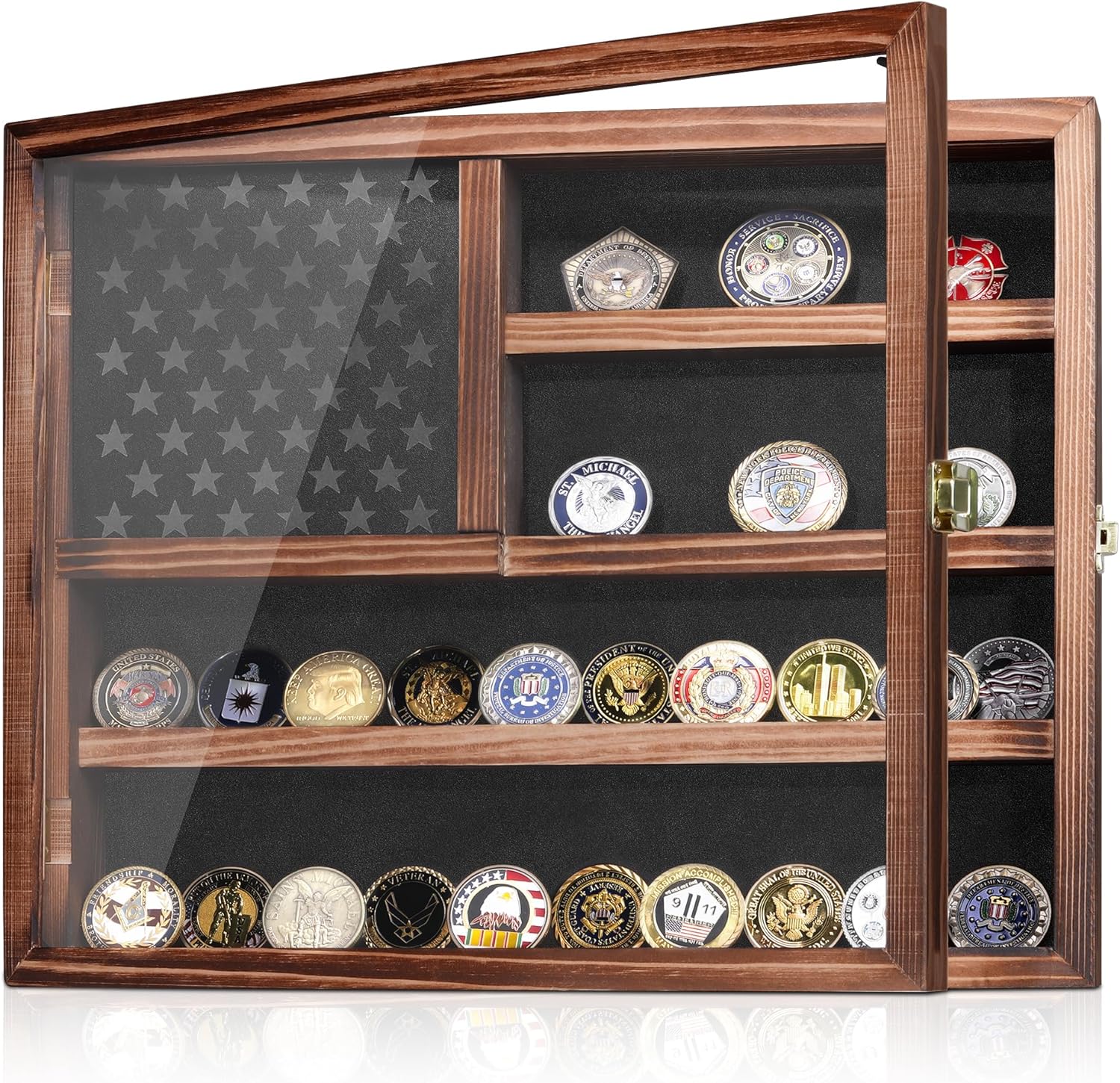 Challenge Coin Display Case, Lockable Military Coin Holder Cabinet with Removable Star Board and Anti-Fade Acrylic Door, Solid Wood Wall Mount Coins Collection Rack Stand