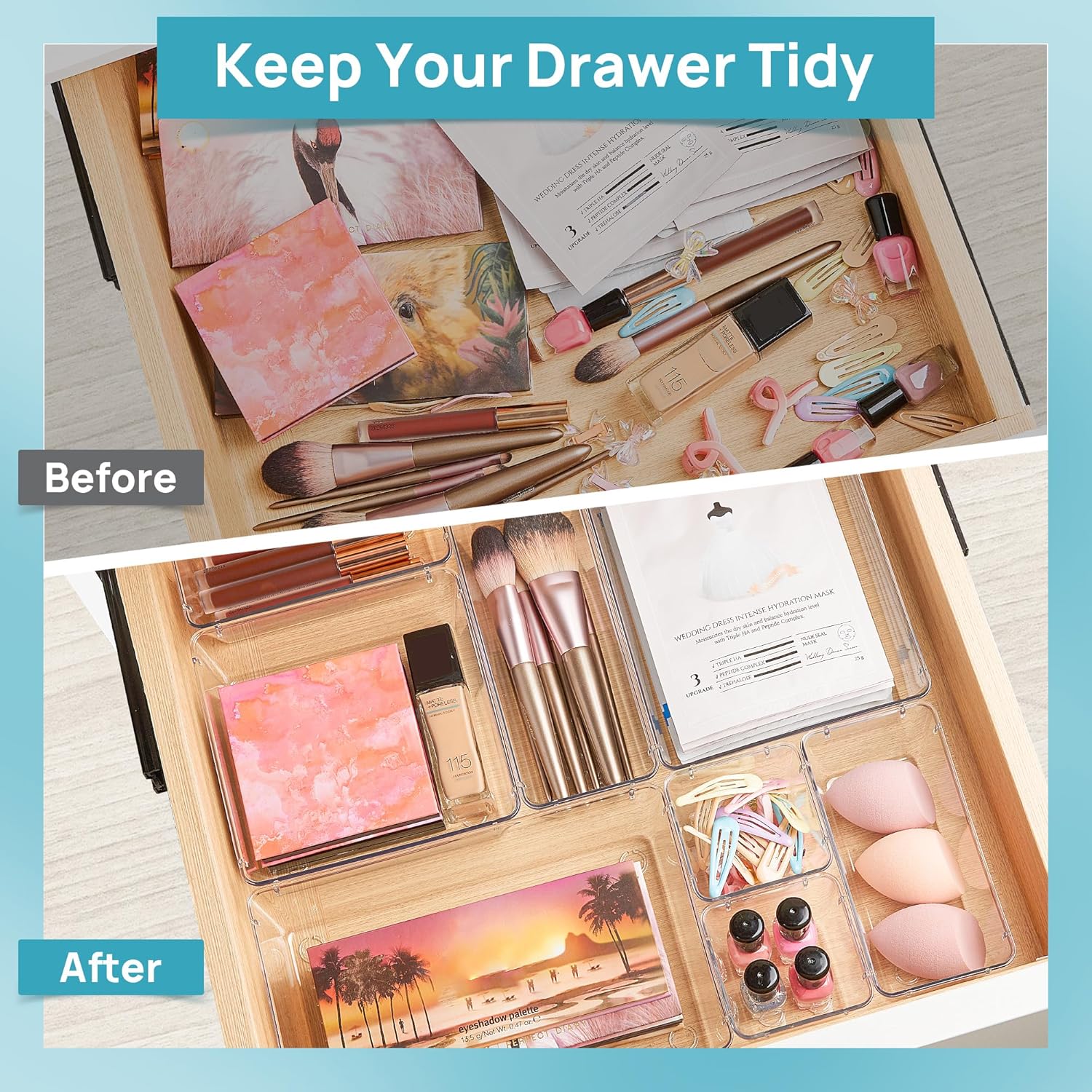 Private Label Vtopmart 25 PCS Clear Plastic Drawer Organizers Set, 4-Size Versatile Bathroom and Vanity Drawer Organizer Trays, Storage Bins for Makeup, Bedroom, Kitchen Gadgets Utensils and Office Factory Direct Price