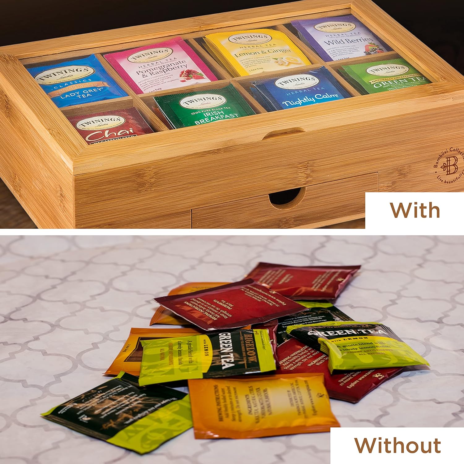 ODM Bamboo Tea Bag Organizer Storage Box with Drawer & Acrylic Window - Magnetic Lid Keeps Contents Fresh - Ideal Mothers Day Gifts for Mom - Gift Caddy (Tea Not Included) Custom Mold Development