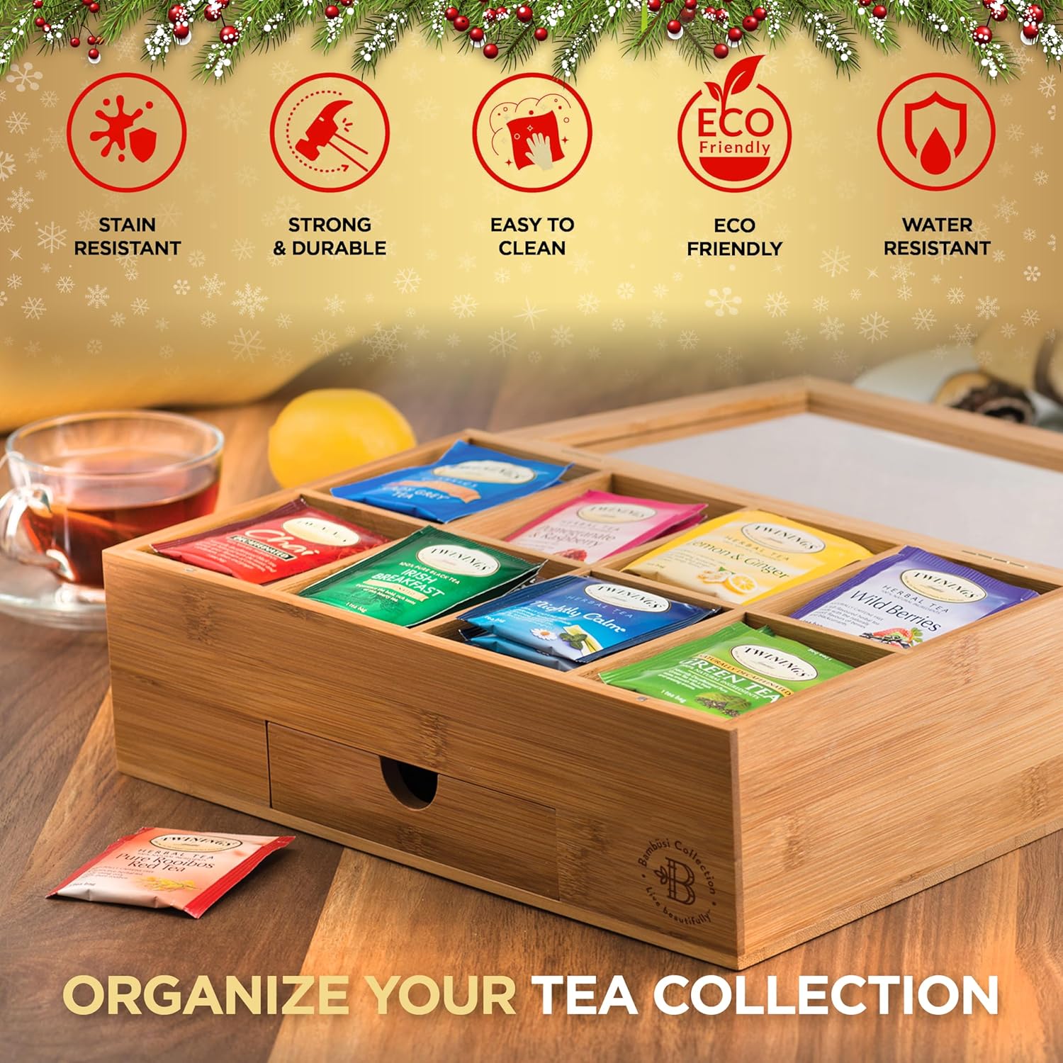 ODM Bamboo Tea Bag Organizer Storage Box with Drawer & Acrylic Window - Magnetic Lid Keeps Contents Fresh - Ideal Mothers Day Gifts for Mom - Gift Caddy (Tea Not Included) Custom Mold Development