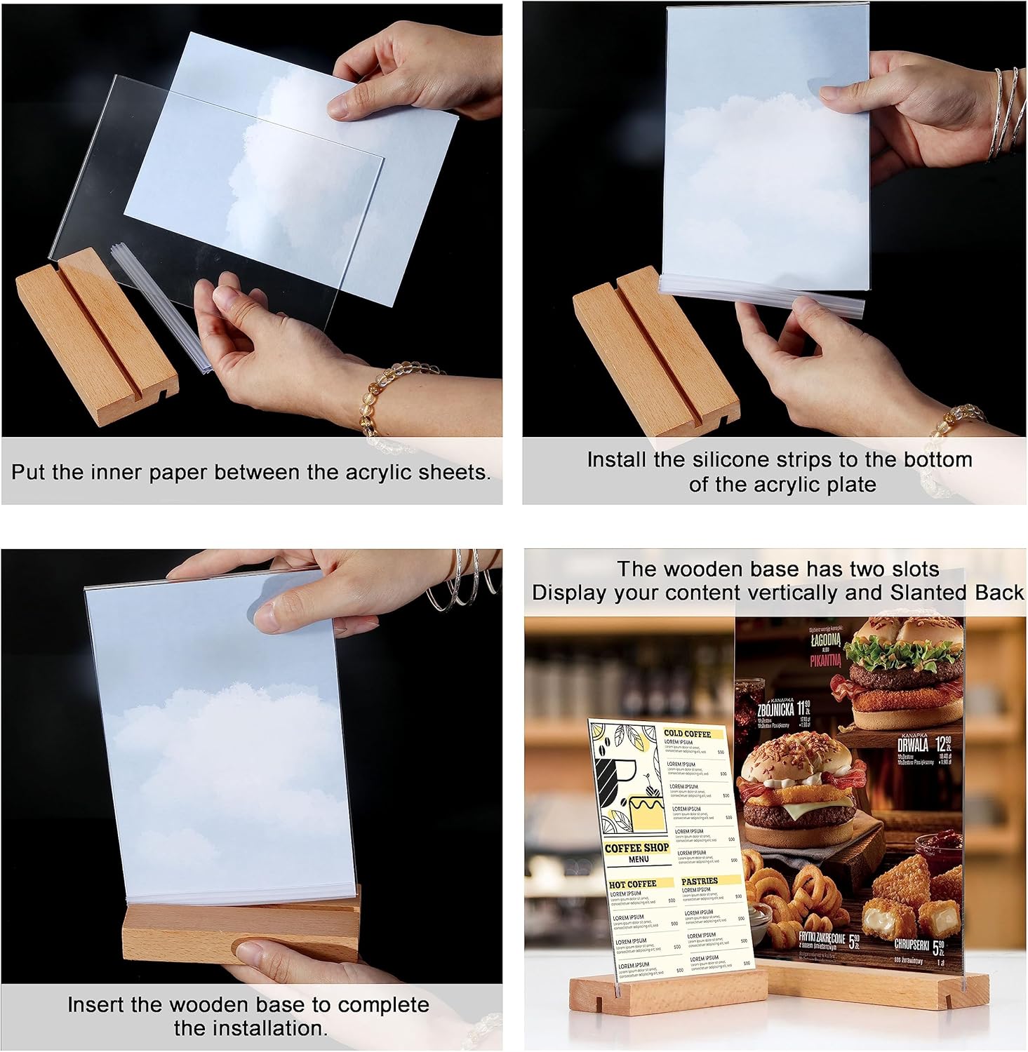 Wholesale NEWNEWSHOW® 8.5x11 Acrylic Sign Holder with Wood Base Wood Sign Holder Vertical or Slant Back Display China Factory Bulk Supply