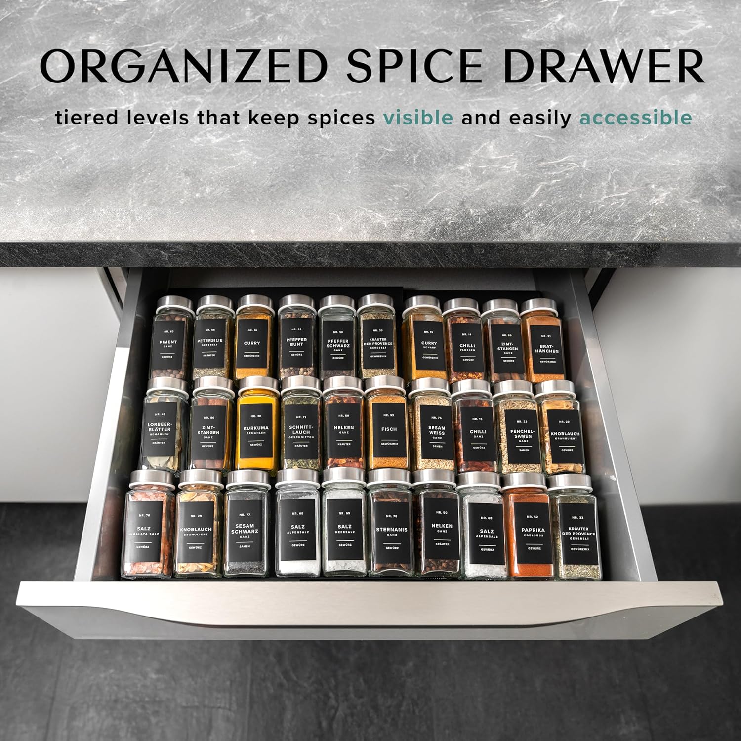 Private Label Spice Drawer Organizer - Expandable Spice Rack for Drawer, Black Seasoning Organizer for Drawer Spice Organizer, Spice Organization Seasoning rack insert for Cabinet (Jars Not Included) Dropshipping Friendly