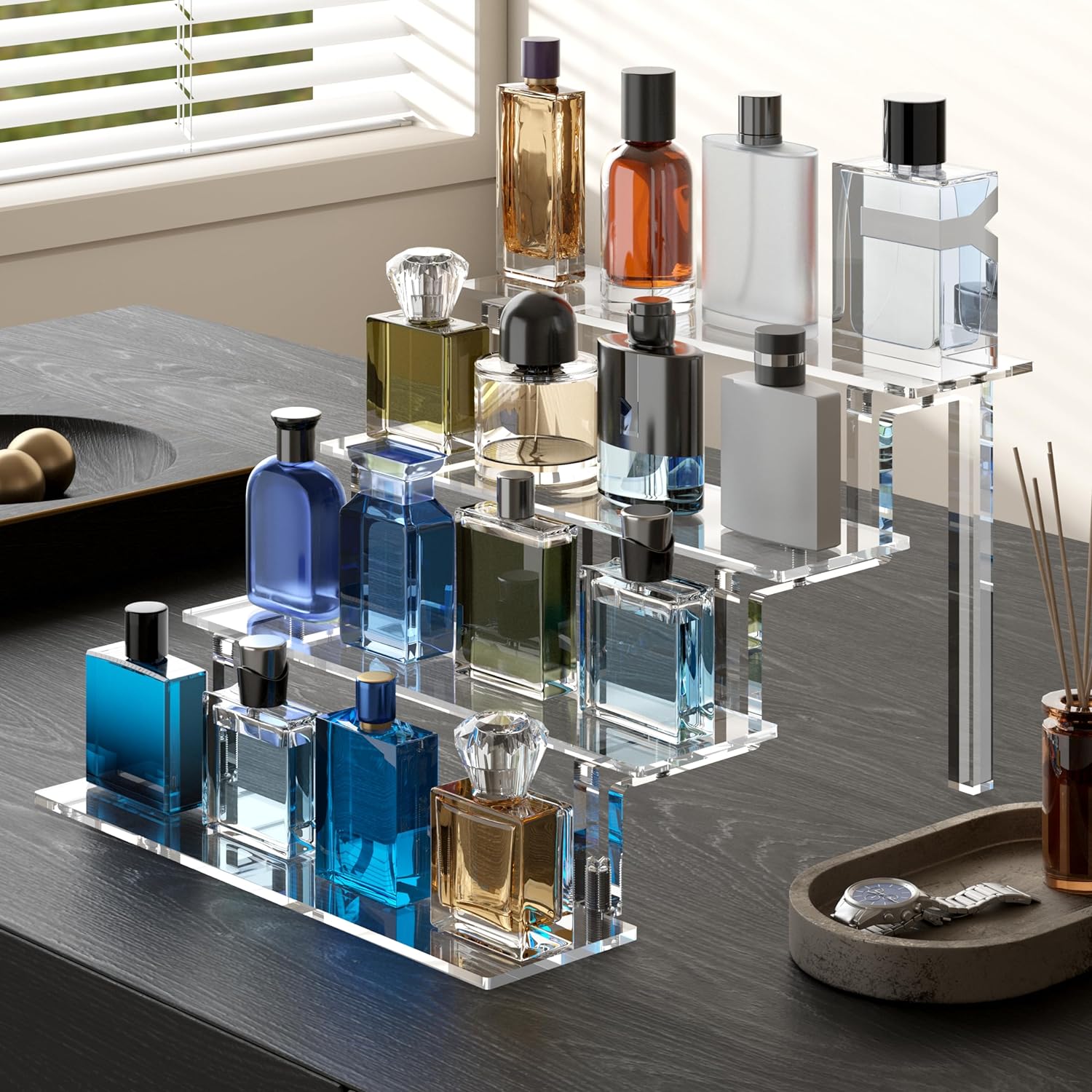 ODM WINKINE Acrylic Display Shelves, Perfume Stand, 4 Tier Figurine Riser Shelf, Cupcake Stand Makeup Display Riser, Clear Cologne Organizer for Bedroom, Cabinet, Countertop, Desktop, 2 Pack Custom Logo Service