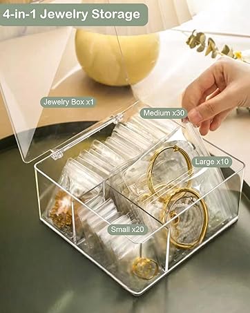 Direct Manufacturer 4 In 1 Acrylic Jewelry Organizers and Storage with 60 Portable Anti Tarnish Jewelry Bags, Clear Jewelry Box Organizer, Travel Jewelry Case for Earrings/Rings/Necklaces for Women Girls Low MOQ