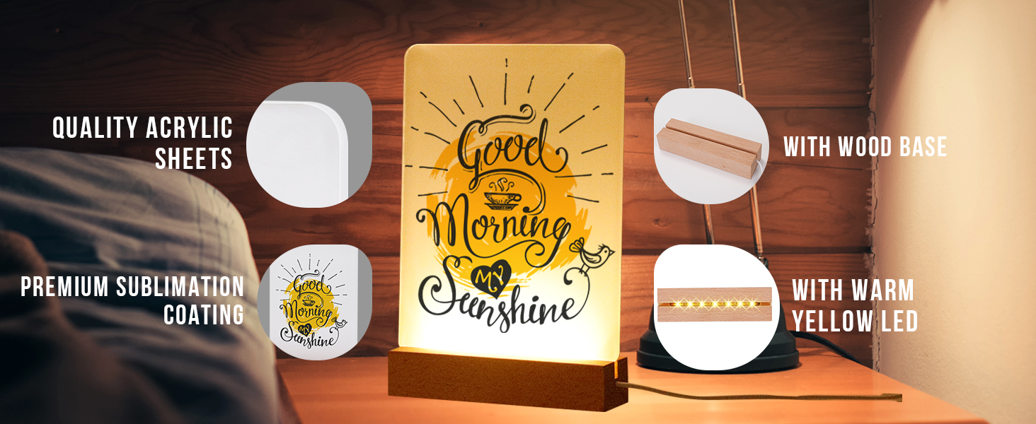 Private Label PYD Life 4 Pack Sublimation LED Acrylic Photo Frames Night Lights Blanks 6" x 8" with Warm Color Light,with Wood Stand for Heat Press Machine Printing Ecommerce Ready Product
