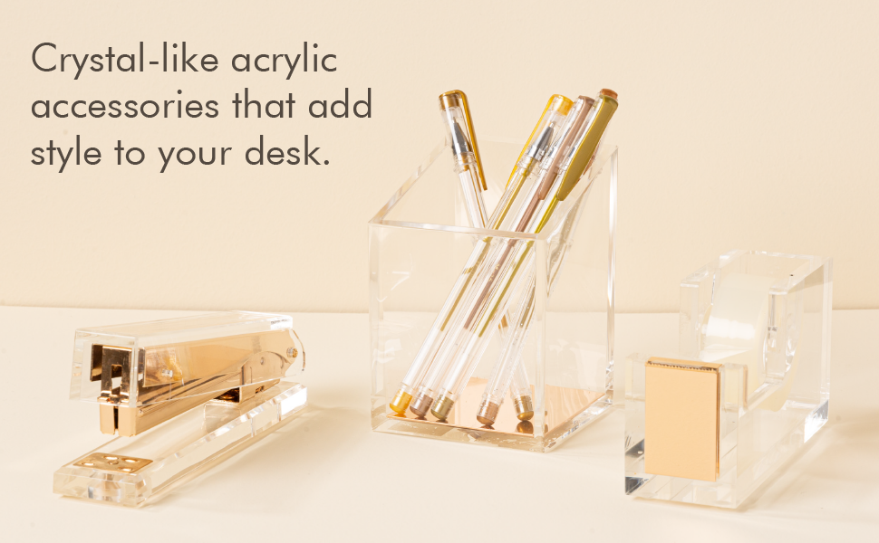 OfficeGoods, home office accessories, acrylic tape dispenser, acrylic stapler, acrylic scissors