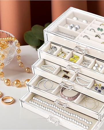 Direct Manufacturer Acrylic Jewelry Organizer with 5 Drawers, Drawer with Velvet Trays, Earring Display for Storage and Gift for Women (Beige) Low MOQ
