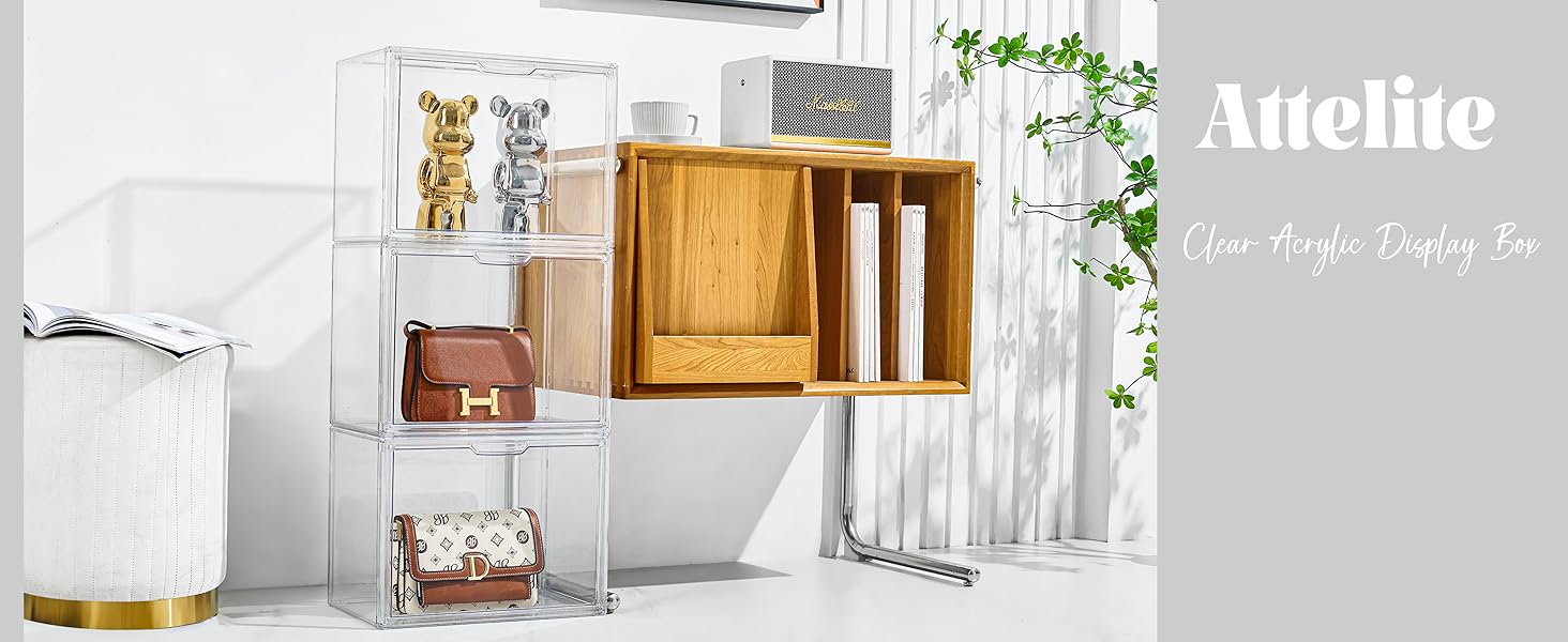 Clear Acrylic Display Case box Purse Handbag Organizer Magnetic Door, Stackable Storage Bin Lid Book