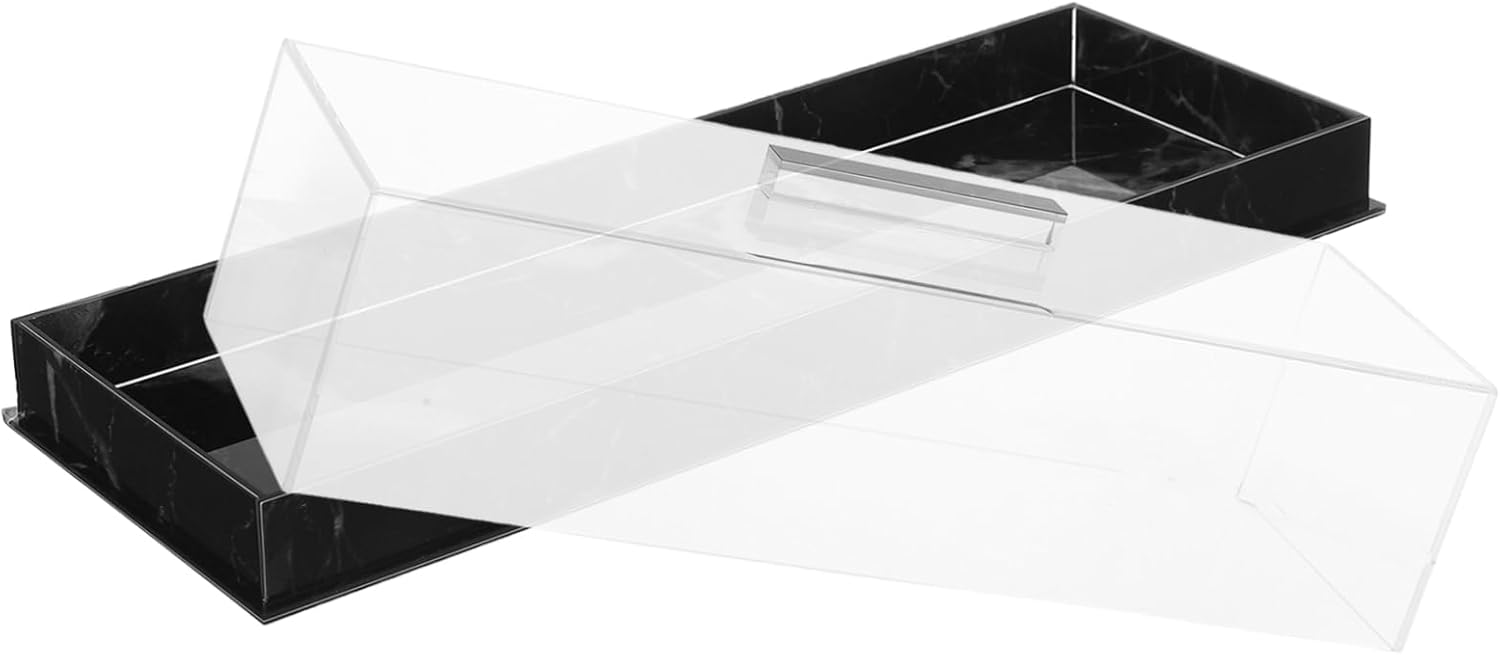 GLEAVI Marble Cake Platter with Lid Elegant Rectangular Dessert Holder Acrylic Cover for Freshness for Birthday Parties Bakeries and Home Use