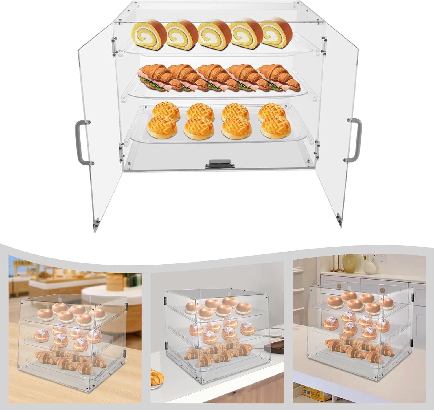 Wholesale OEM ODM Modern Acrylic Pastry Display Case, 3 Layers Clear Bread Storage Cases with Magnetic Door Countertop Acrylic Bakery Display Cabinet for Bakeries Snack Shops Displaying Pastries Models Factory & Supplier
