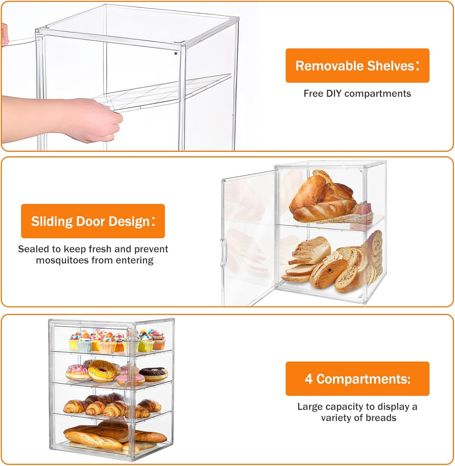 Wholesale OEM ODM Pastry Display Case, Bread Box for Kitchen Countertop, 4 Layers Stackable Bread Storage Container, Clear Display Box for Bread, Bagel, Muffins (Clear) Factory & Supplier