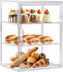 Pastry Display Case, Large Bread Box for Kitchen Countertop, 3 Layers Adjustable Clear Bread Storage with Magnetic Door, Bread Container for Bread, Bagel, Donut