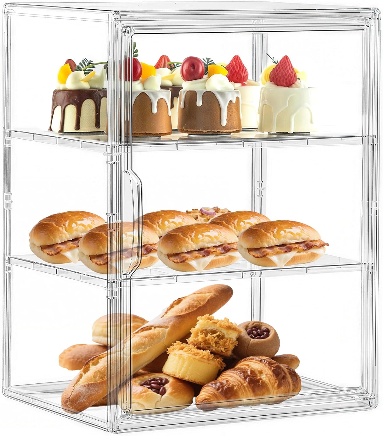 Pastry Display Case, Large Bread Box for Kitchen Countertop, 3 Layers Adjustable Clear Bread Storage with Magnetic Door, Bread Container for Bread, Bagel, Donut