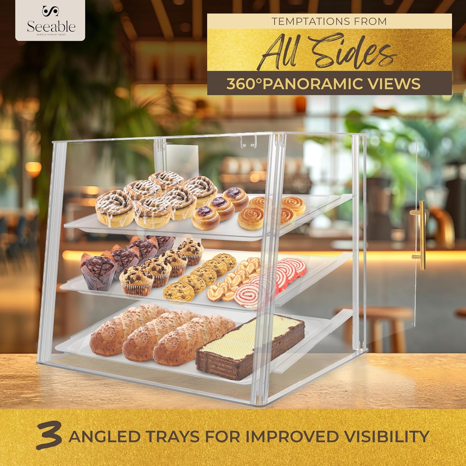 Wholesale OEM ODM 3 Tray Acrylic Bakery Display Case Countertop with Magnetic Rear Doors Access, Removable Trays & Gold Accents, Acrylic Pastry Display Case for Desserts, Cookies, Bread & Baked Goods (21"x16"x17") Factory & Supplier