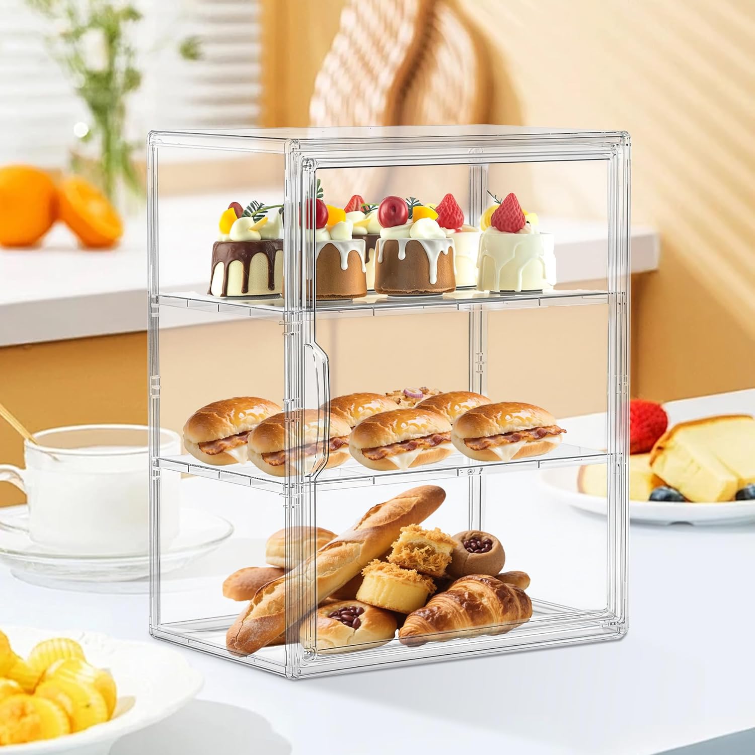 Wholesale OEM ODM Pastry Display Case, Large Bread Box for Kitchen Countertop, 3 Layers Adjustable Clear Bread Storage with Magnetic Door, Bread Container for Bread, Bagel, Donut Factory & Supplier