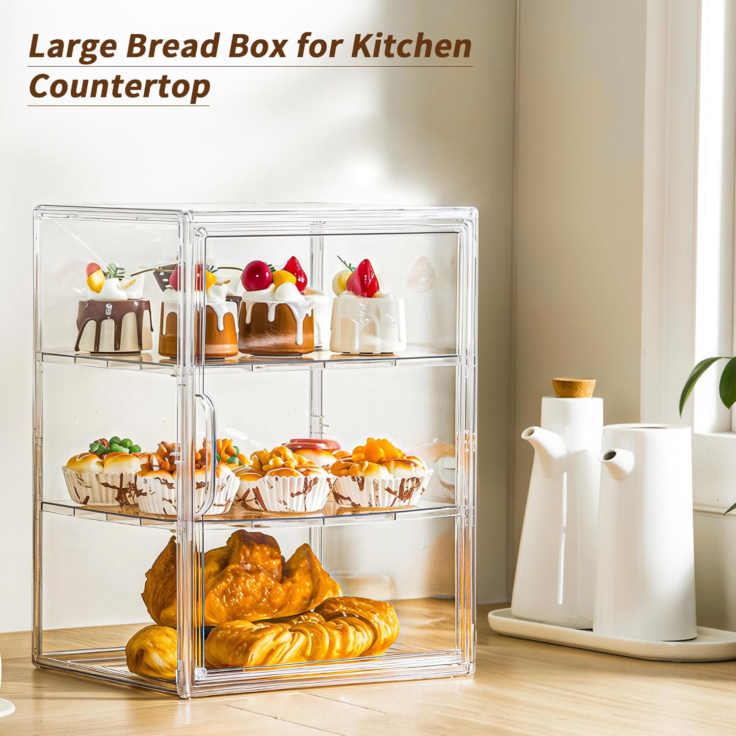 Wholesale OEM ODM Pastry Display Case, Large Bread Box for Kitchen Countertop, 3 Layers Adjustable Clear Bread Storage with Magnetic Door, Bread Container for Bread, Bagel, Donut Factory & Supplier