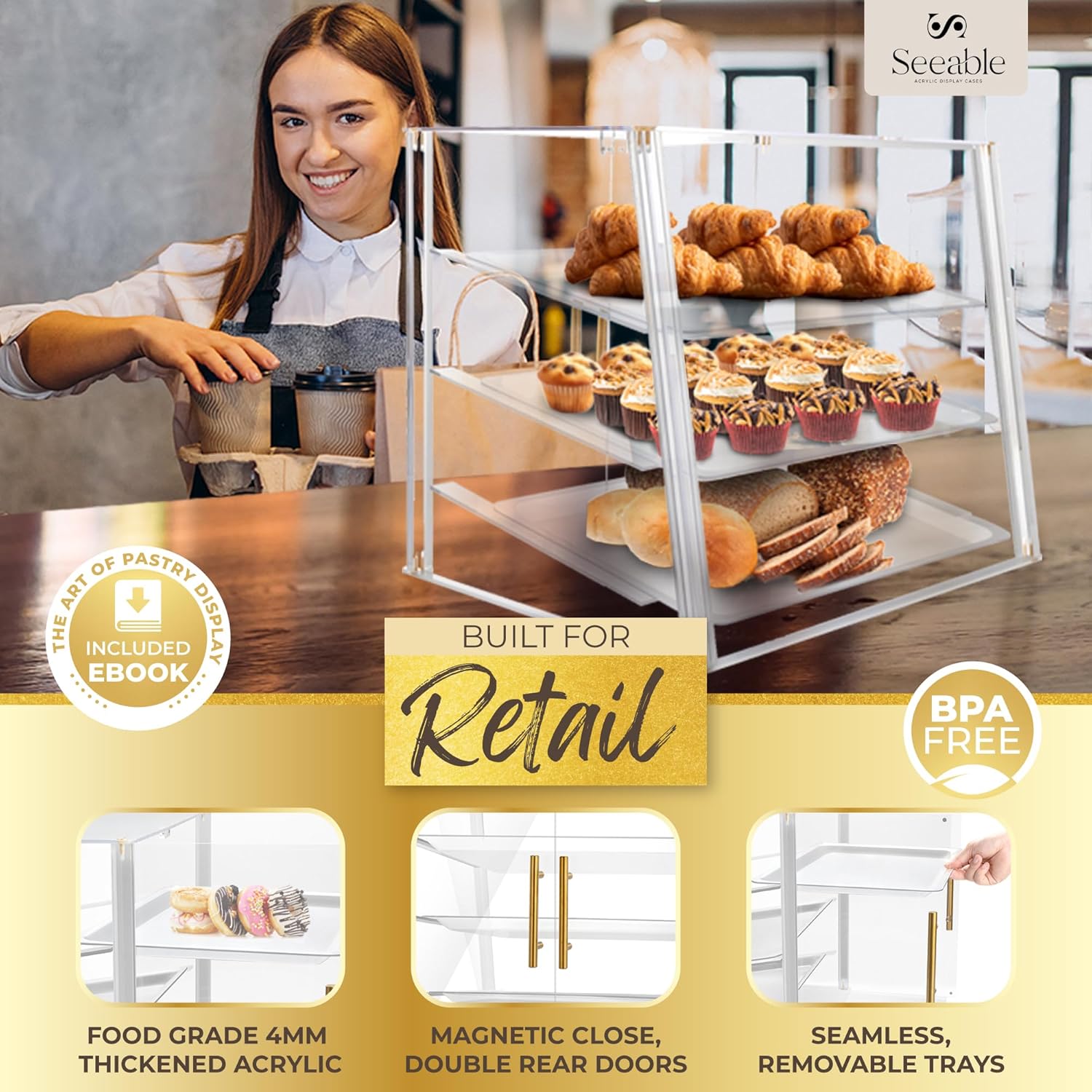 Wholesale OEM ODM 3 Tray Acrylic Bakery Display Case Countertop with Magnetic Rear Doors Access, Removable Trays & Gold Accents, Acrylic Pastry Display Case for Desserts, Cookies, Bread & Baked Goods (21"x16"x17") Factory & Supplier