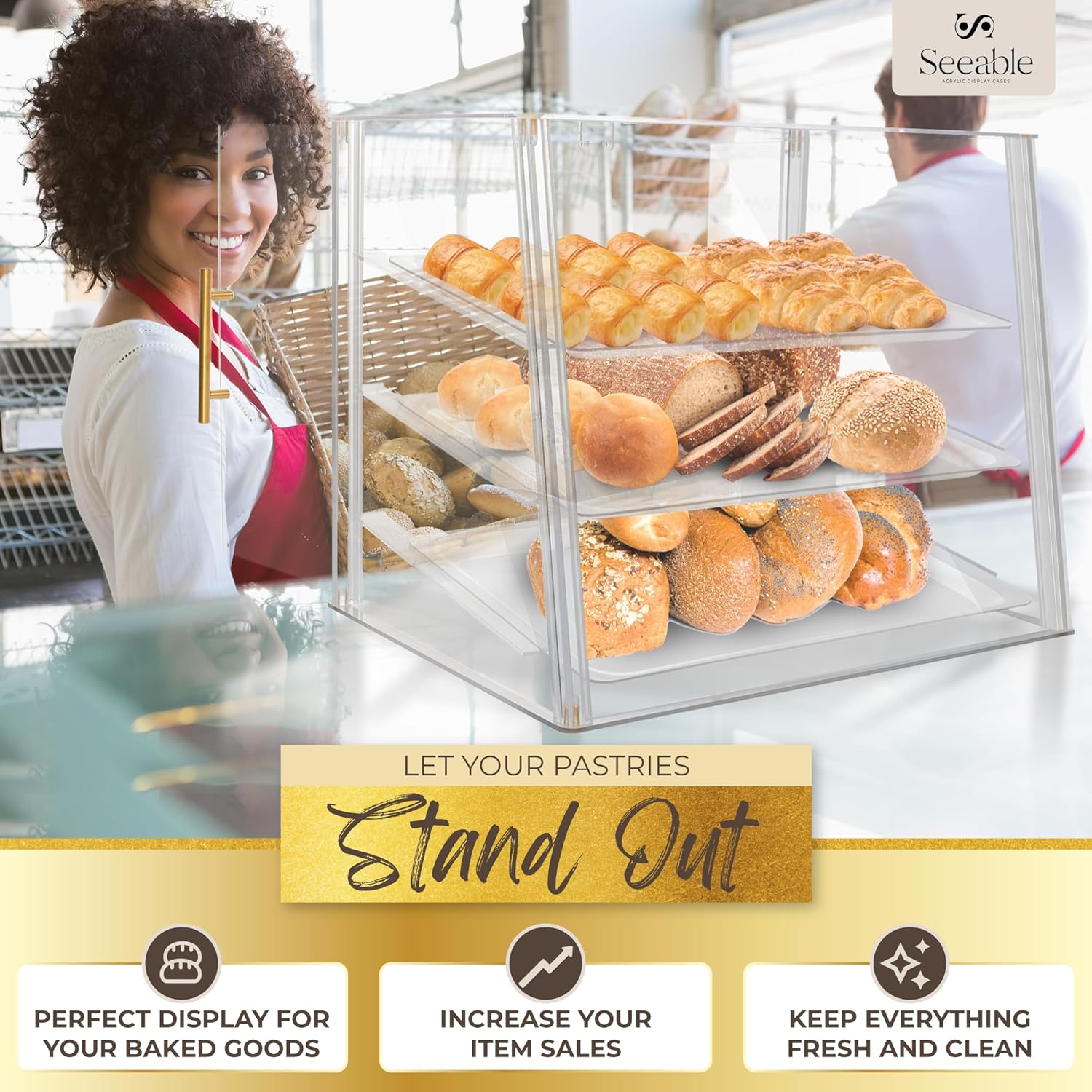 Wholesale OEM ODM 3 Tray Acrylic Bakery Display Case Countertop with Magnetic Rear Doors Access, Removable Trays & Gold Accents, Acrylic Pastry Display Case for Desserts, Cookies, Bread & Baked Goods (21"x16"x17") Factory & Supplier