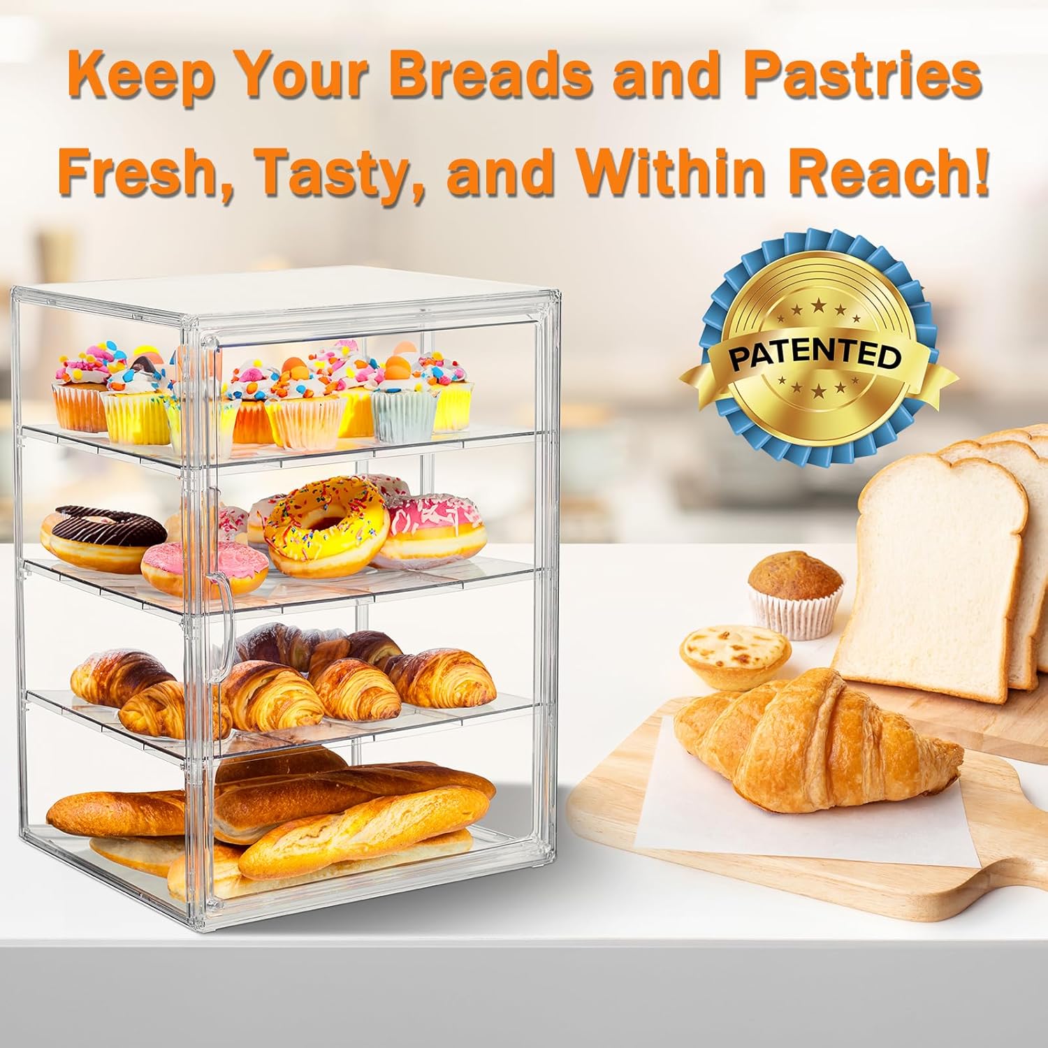 Wholesale OEM ODM Pastry Display Case, Bread Box for Kitchen Countertop, 4 Layers Stackable Bread Storage Container, Clear Display Box for Bread, Bagel, Muffins (Clear) Factory & Supplier