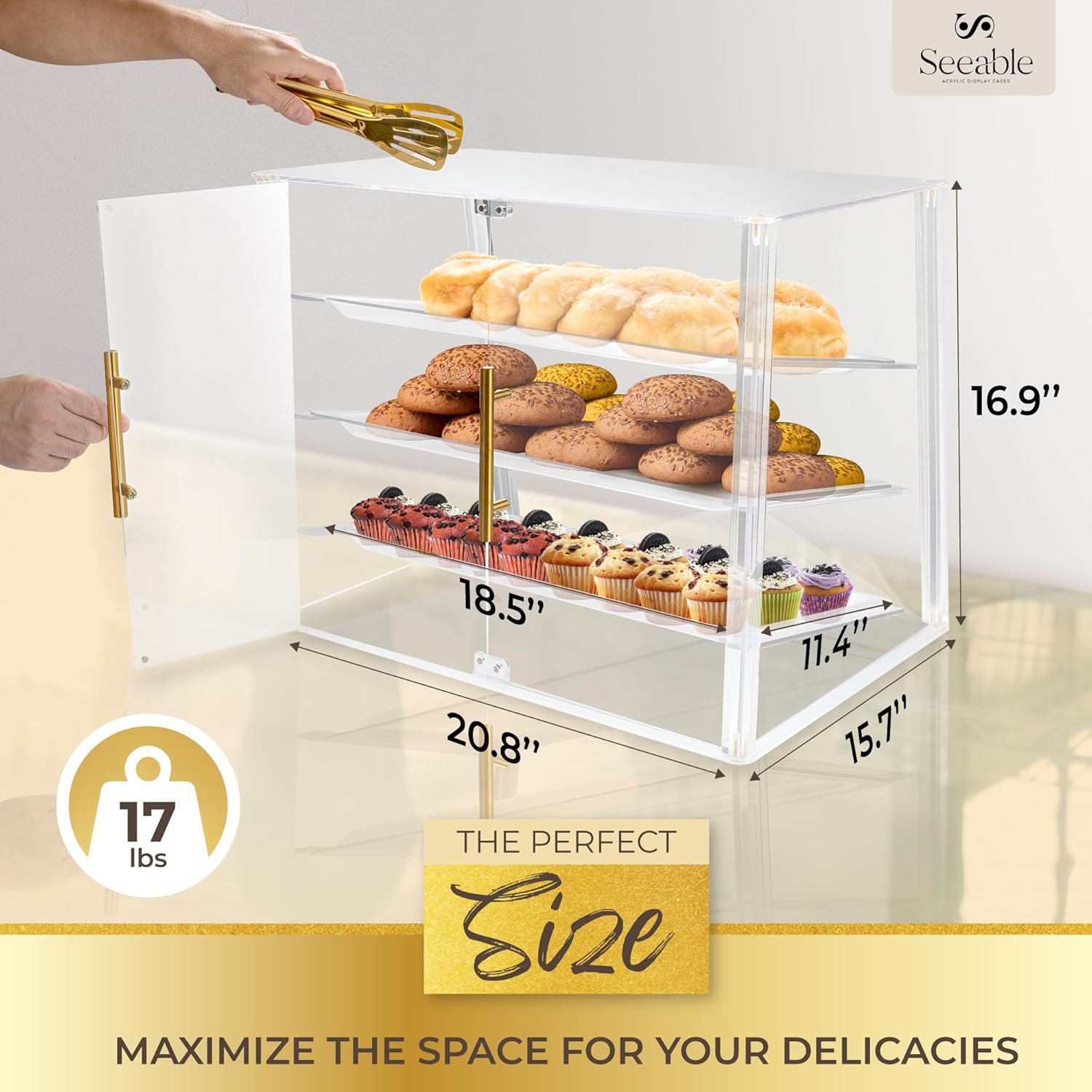 Wholesale OEM ODM 3 Tray Acrylic Bakery Display Case Countertop with Magnetic Rear Doors Access, Removable Trays & Gold Accents, Acrylic Pastry Display Case for Desserts, Cookies, Bread & Baked Goods (21"x16"x17") Factory & Supplier