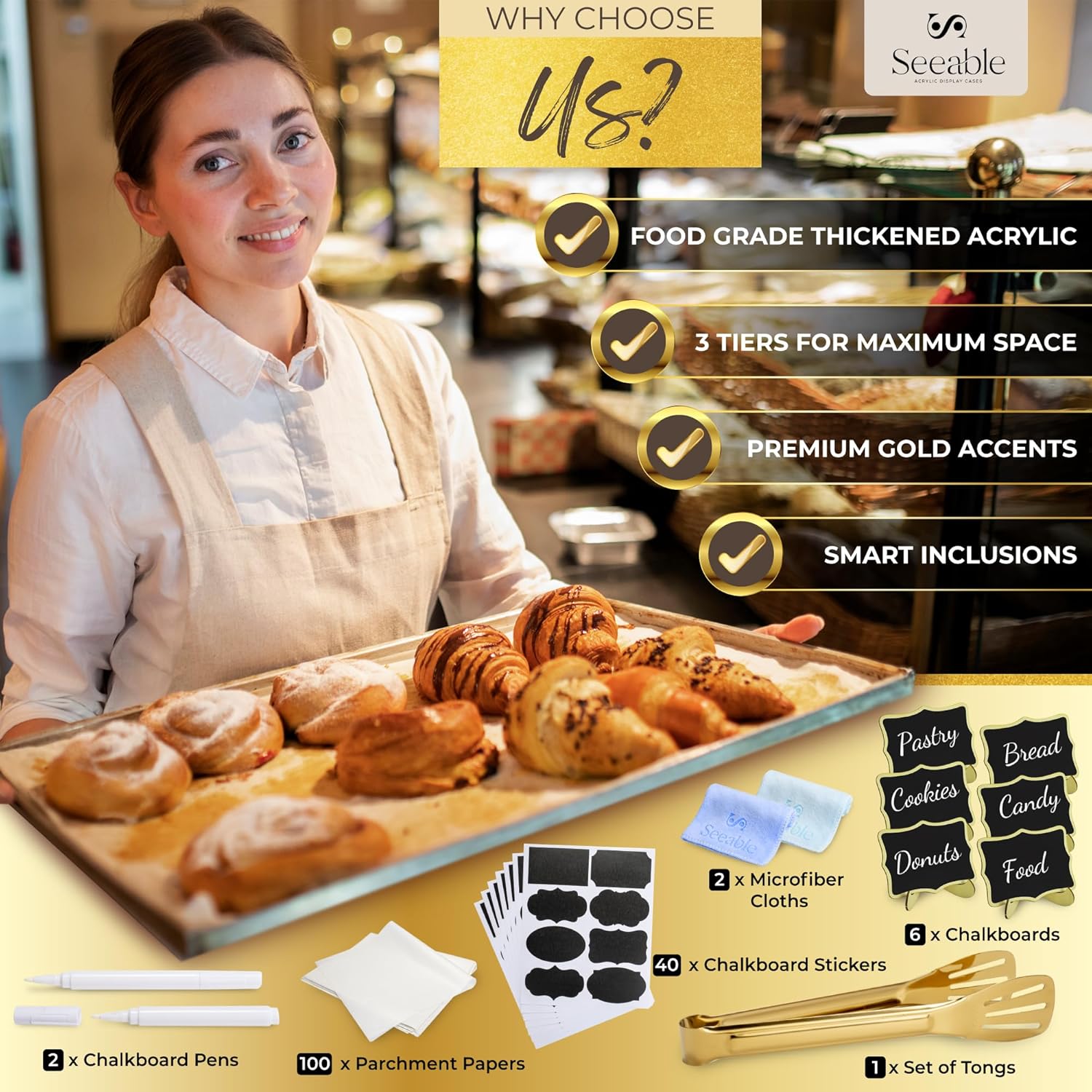 Wholesale OEM ODM 3 Tray Acrylic Bakery Display Case Countertop with Magnetic Rear Doors Access, Removable Trays & Gold Accents, Acrylic Pastry Display Case for Desserts, Cookies, Bread & Baked Goods (21"x16"x17") Factory & Supplier